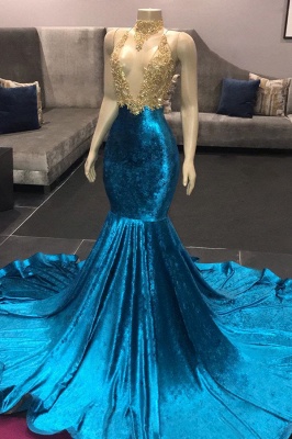 High Neck Illusion Neckline Sleeveless Long Train Appliqued Mermaid Prom Gowns_1