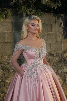 Glamorous Princess V Neck Long Sleeves Prom Dresses With Beads | Pink Ball Gowns_2