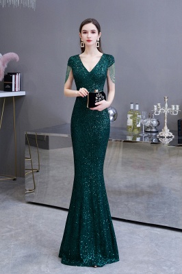 Shining Sequined Emerald Green Mermaid Cap sleeve Long Prom Dress_3
