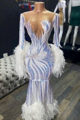 Illusion neck Long sleeve Luxury Fur Sequin Mermaid Prom Dress_1