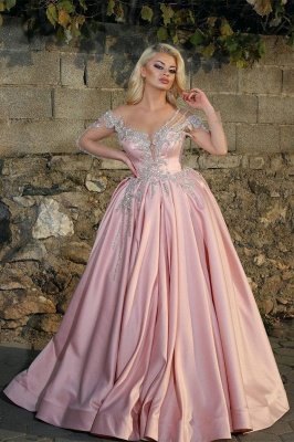 Glamorous Princess V Neck Long Sleeves Prom Dresses With Beads | Pink Ball Gowns_1