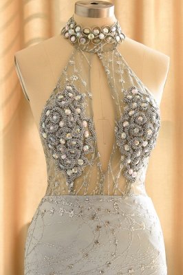 Halter Sleeveless Beaded Mermaid Satin Floor Length Crystal Prom Party Dress_5