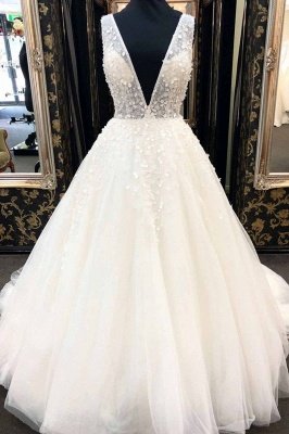 Deep V-Neck White Wedding Dress Sleeveless Tulle  Aline Bridal Dress