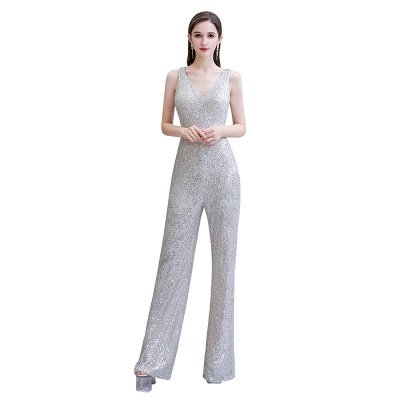 Sexy Shining V-neck Silver Sequin Sleeveless Prom Jumpsuit_2