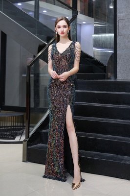 سباركلي V- الرقبة عالية سبليت أكمام فستان سهرة أسود على الإنترنت_2