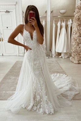 Simple Bohemian White Spaghetti Strap Wedding Dress with Lace Train ...