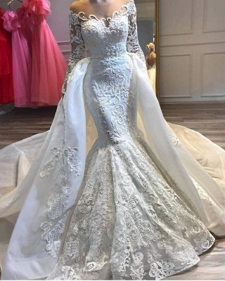Charming Crew Neck Lace Appliques Mermaid Wedding Bridal Gowns with Detachable Train_2