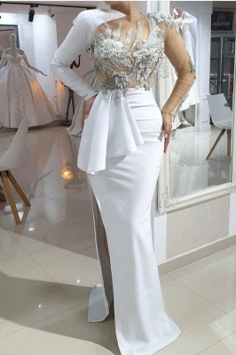 Белое свадебное платье с вырезом иллюзией на одно плечо с высоким разрезом и русалкой_1