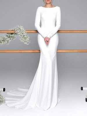 Weiße, elegante Brautkleider im Meerjungfrau-Stil mit hohem Rundhalsausschnitt und langen Ärmeln