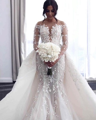 Off-the-shoulder Deep V-neck White Wedding Dress with Overskirt_1