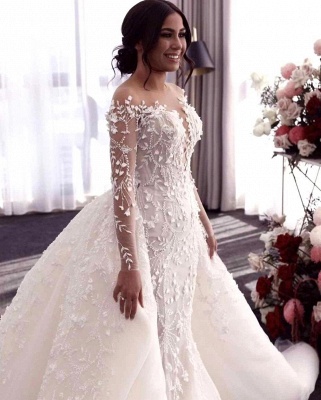 Off-the-shoulder Deep V-neck White Wedding Dress with Overskirt_3