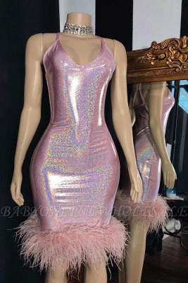 Pink Sparkle column sleeveless feather homecoming dress_1
