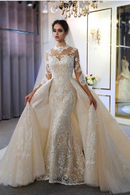 Модное кружевное свадебное платье цвета слоновой кости с высоким воротом и верхней юбкой_1