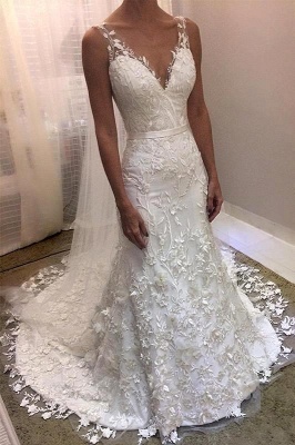 Белое свадебное платье русалки с V-образным вырезом без рукавов со шлейфом средней длины_1