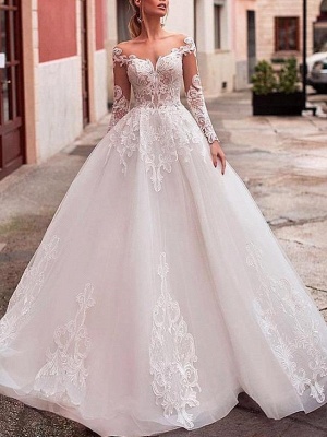 Wide sleeve Lace Sweetheart Princess White Wedding Dresses