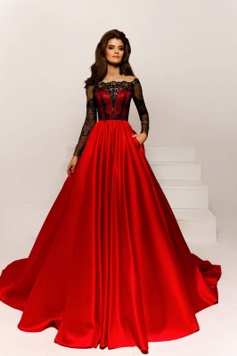 Long Sleeves Red Black Lace Sleeves Floor length Prom Dresses_1