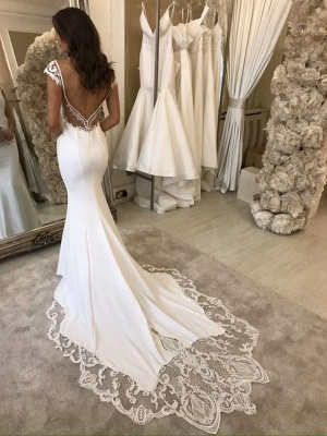 Charming Mermaid Wedding Gown Slim V-Neck Satin Bridal Gown Sweep/Trumpt Train_2