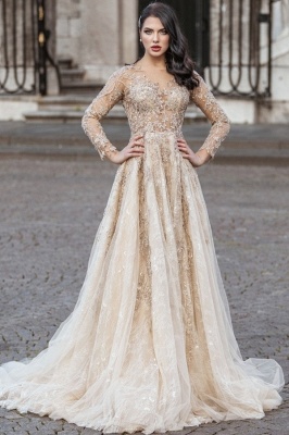 Шикарное свадебное платье трапециевидной формы с длинными рукавами и V-образным вырезом с цветочным кружевным узором_1