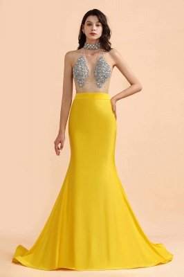 Cristais sem mangas amarelos sexy Sheer Tulle Prom Dresses 2021 | Vestidos de noite formais baratos da sereia_4