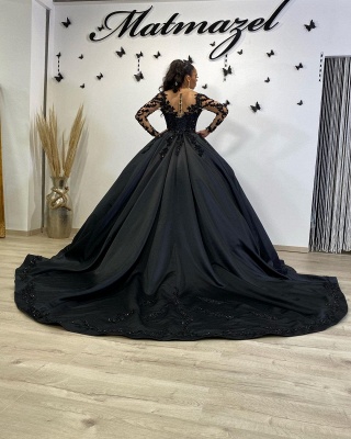 Потрясающее черное кружевное бальное платье с длинными рукавами и цветочным принтом для танцев с длинным шлейфом_3