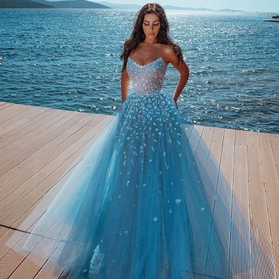 Vestido de formatura elegante borboleta azul celeste sem alças Sweetheart Tule Sparkle_2