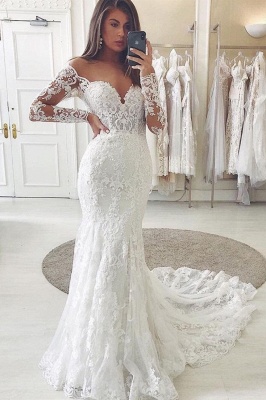 Charming Lace Appliques Mermaid Wedding Gown Long Sleeve Sweetheart ...