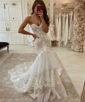 Elegante vestido de novia de sirena de encaje de tul de novia con dos capas de arrastre_2