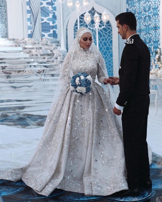 Роскошное свадебное платье с пайетками Aline с длинными рукавами и высоким воротом со шлейфом_4