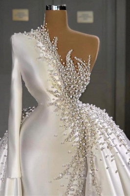 Charming One Shoulder Satin Meerjungfrau Brautkleider Perlen Perlen Perlen Party Kleider_2