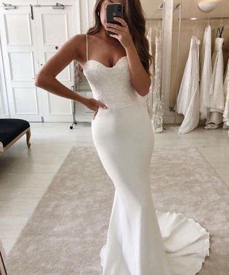 Spaghetti Mermaid Wedding Gown White/Ivory Sweetheart Appliques Garden Bridal Gown_2