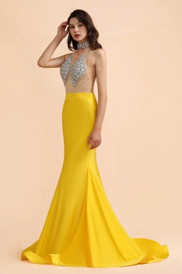 Cristais sem mangas amarelos sexy Sheer Tulle Prom Dresses 2021 | Vestidos de noite formais baratos da sereia_3