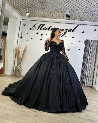 Потрясающее черное кружевное бальное платье с длинными рукавами и цветочным принтом для танцев с длинным шлейфом_4