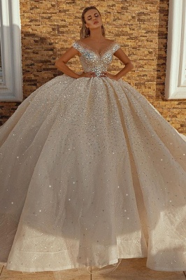 Off the Shoulder Crystal Princess Ball Gown Sequins Bridal Gowns_1