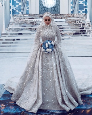 Роскошное свадебное платье с пайетками Aline с длинными рукавами и высоким воротом со шлейфом_3