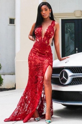 Vestido de formatura vermelho com decote em V profundo apliques de renda floral dividido na frente vestido_1