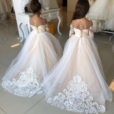 Lovely Princess Jewel Long Sleeves Long Flower Girl Dresses | Ivory Little Girls Peagant Dress with Bowknot_9