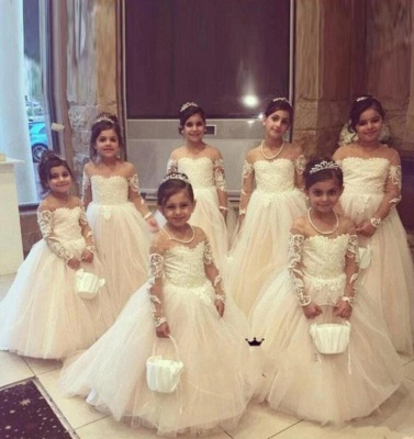 Lovely Princess Jewel Long Sleeves Long Flower Girl Dresses | Ivory Little Girls Peagant Dress with Bowknot_7