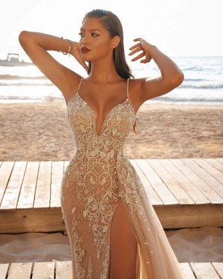 Vestido de novia de playa de tul con abertura lateral de espagueti sexy_4