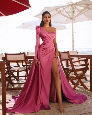 One Shoulder Satin Side Split Evening Maxi Gowns with Sweep Train_4