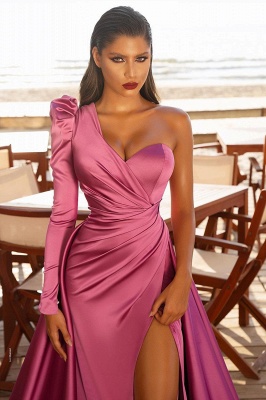One Shoulder Satin Side Split Evening Maxi Gowns with Sweep Train_2