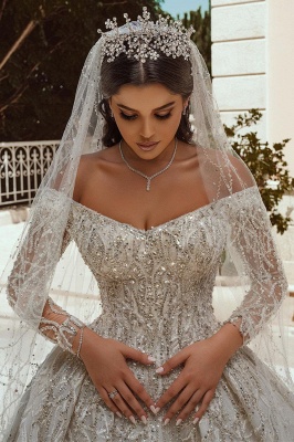 Luxurious Ball Gown Sequins Bridal Dress Long Sleeve Satin Maxi Dress_3