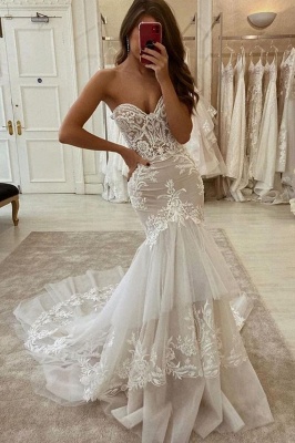 Elegant Sweetheart Tulle Lace Mermaid Wedding Dress Two-layer Trailing_1