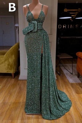 Блестящее темно-зеленое длинное платье для выпускного вечера без рукавов с высокими разрезами на бретельках и пайетками_2