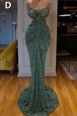 Блестящее темно-зеленое длинное платье для выпускного вечера без рукавов с высокими разрезами на бретельках и пайетками_3