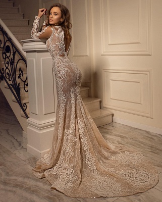 Потрясающее цветочное кружевное длинное свадебное платье русалки с длинными рукавами_2