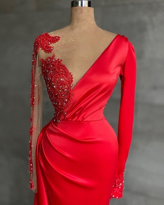 Очаровательное красное платье для выпускного вечера с русалкой с разрезом по бокам и кружевными аппликациями_2