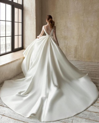 Elegant Deep V-Neck Satin Wedding Dress with Sweep Train Long Sleeves BowTie Aline Bridal Dress_2