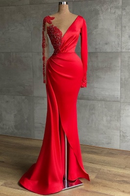 Очаровательное красное платье для выпускного вечера с русалкой с разрезом по бокам и кружевными аппликациями_1