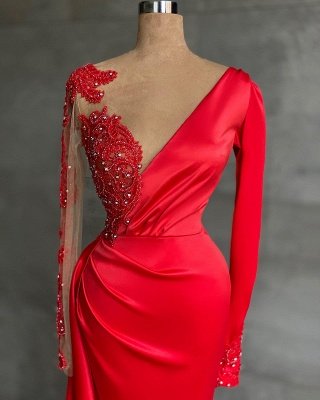 Encantador vestido de baile vermelho sereia fenda lateral com apliques de renda_2