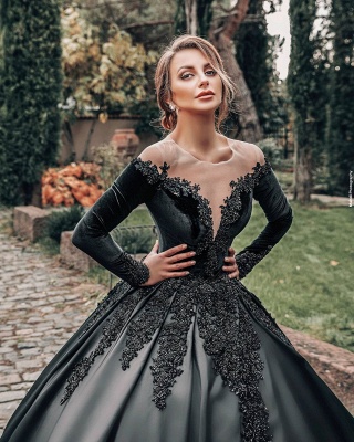 Gorgeous Black Long Sleeves A-line Wedding Dress Lace Appliques_4